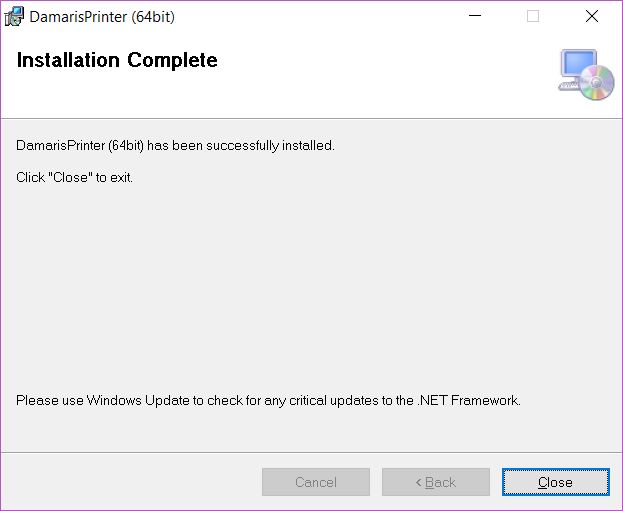 Damaris Printer Install Close
