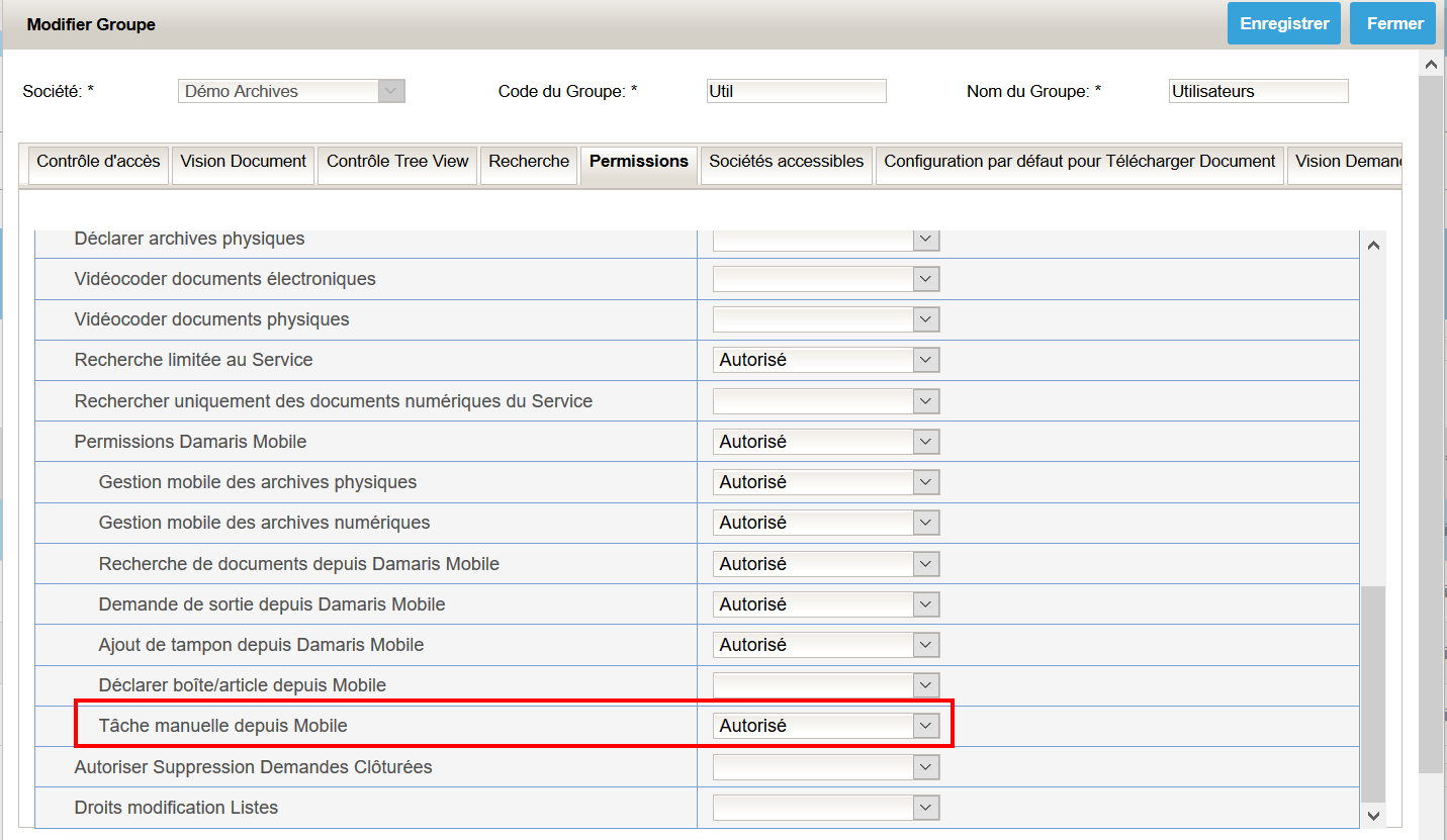 Tâche manuelle Permission Damaris Mobile