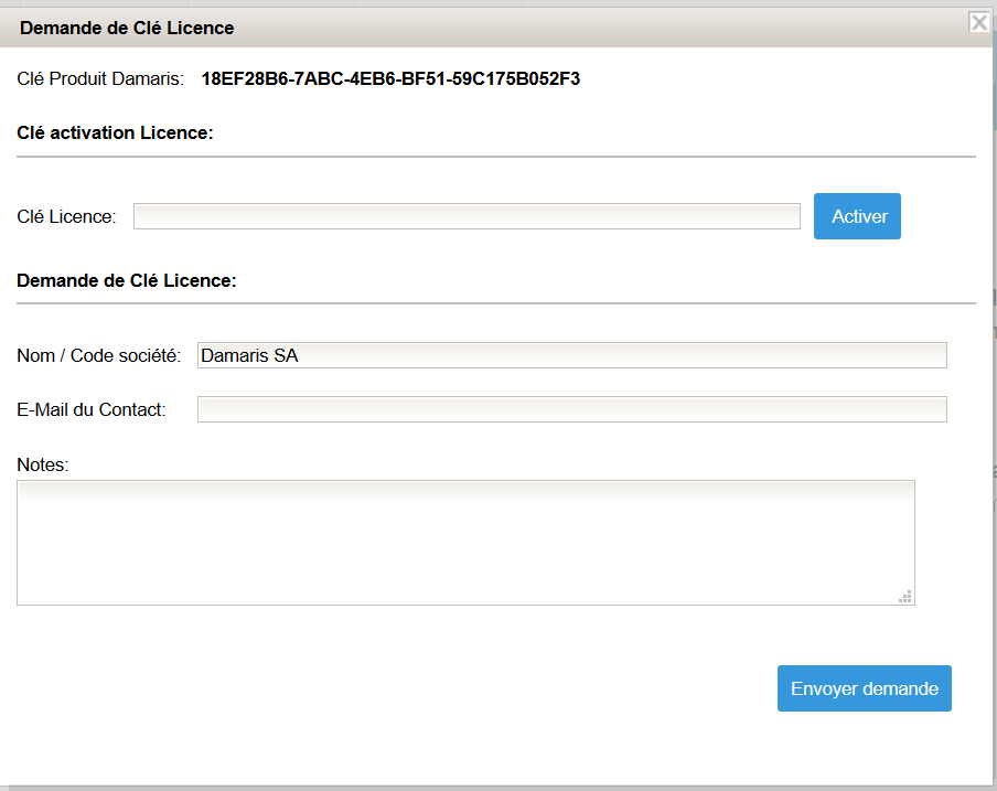 Demande clé de licence Damaris RM