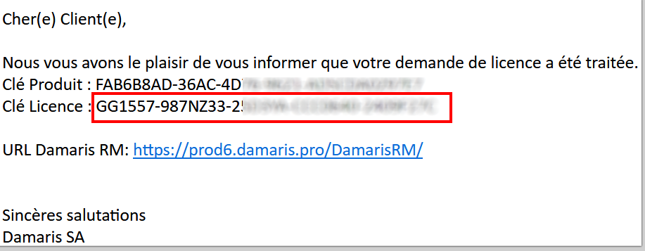 Email de validation licence Damaris RM