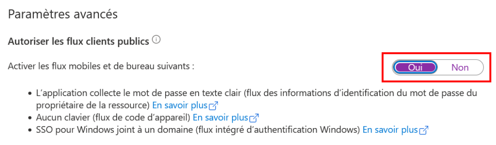 Azure AD autoriser flux publics