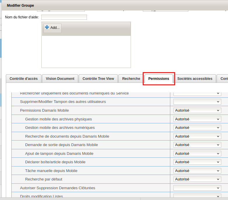 Permissions Damaris Mobile dans Groupe Damaris RM