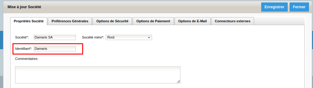 Identifiant Société dans Damaris RM