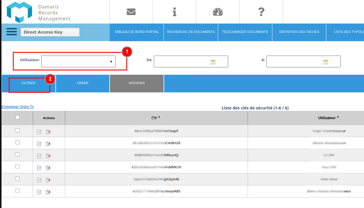 Direct Access Key Damaris RM Recherche utilisateur